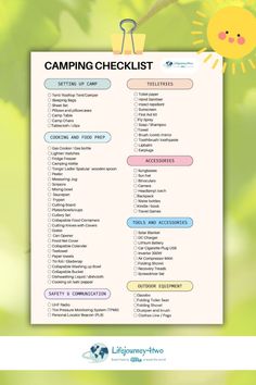 the camping checklist is hanging on a green leafy tree with sun above it