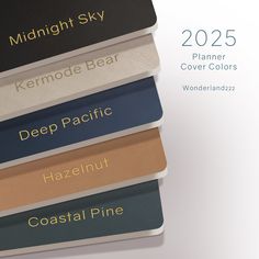 four different colors of paint on the side of a white background with text that reads midnight sky, kermode bear, deep pacific, hazelnut, hazenuut, coastal pine,