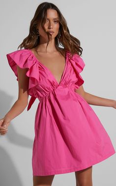 Raiza Mini Dress - Ruffle Sleeve Tie Back Plunge Dress in Fuchsia | Showpo USA Hand Dress, Party Queen, Neon Outfits, Cocktail Dress Formal, Plunge Dress, Long Sleeve Knit Dress, Grad Dresses, Poplin Dress, Plunge Neckline