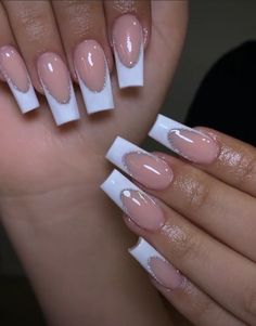 White Acrylic Nail Inspiration, Glitter Line French Nails, Square French Tip Acrylic Nails With Jewels, Prom Nails Acrylic French Tips, Short Straight French Tip Acrylic Nails, White Nail Inspo Acrylic French Tip, Coughing Nails, Nails Inspiration French Tip White, Engagement Nails Acrylic Square