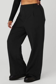 High-Waist Pursuit Trouser (Long) - Black Alo Yoga Wide Leg Pants With Elastic Waistband, Alo Yoga Full Length Pants In Solid Color, Alo Yoga Elastane Bottoms With 4-way Stretch, Alo Yoga Elastane 4-way Stretch Bottoms, Alo Yoga 4-way Stretch Bottoms, Stretch High-waisted Solid Color Pantsuit, Stretch High-waisted Pantsuit In Solid Color, Solid Stretch High-waisted Pantsuit, Stretch Solid Color High-waisted Pantsuit