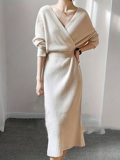 Cozy Surplice Neck Knitted Midi Dress - Soft, Elegant, Solid Color, Long Sleeve, Fall & Winter Essential - Women's Clothing for Chic Everyday Wear Socialite Style, Office Dresses For Women, Womens Knit Dresses, Knitted Bodycon Dress, Long Sleeve Knit Dress, Hip Dress, Knit Midi, Knit Midi Dress, Solid Dress