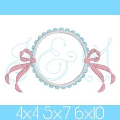 a blue and white photo frame with pink bows on it, next to the words 4x4 5x7 6x10