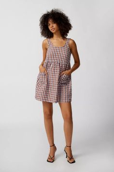 UO Melly Gingham Mini Dress | Urban Outfitters Gingham Mini Dress, Mini Frock, Frock Dress, Brown Fits, Babydoll Style, Gingham Print, Wide Straps, Empire Waist