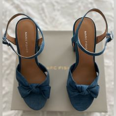 New With Box Color: Denim Blue Denim Sandals With Removable Insole, Blue Denim Sandals With Open Heel, Blue Denim Open Heel Sandals, Chic Denim Blue Open Toe Sandals, Marc Fisher Sandals, Taupe Sandals, Heeled Espadrilles, Suede Slides, Square Toe Sandals