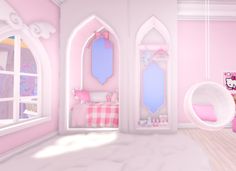 a pink bedroom with hello kitty decorations on the walls