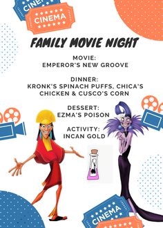 an advertisement for the movie family movie night with characters from disney and pixama