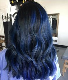 Black Into Blue Hair, Black Hair Blue Highlights Long, Black Hair Coloured Streaks, Hair Styles For Blue Hair, Blue Hair With Black Highlights, Mid Night Blue Hair, Midnight Blue Hair Short, Highlight Blue Hair