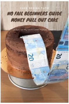 a cake sitting on top of a metal pan covered in money and the words no fail beginners guide to money pull out cake