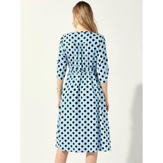 The dress features a drawstring waist, full placket, round neck, midi length, A-line silhouette, ruched sleeves, and is half-lined. Its charming polka dot print exudes a vintage feel, making it perfect for various occasions such as daily wear, vacations, weekends, and shopping. This effortlessly stylish shirt dress can be worn from Monday to Sunday. It is adorned with polka dots, a button front, and a drawstring waist for added detailing while ensuring easy on/off wear and all-day comfort. Maxi Sundress, Midi Slip Dress, Polka Dot Print, Blue Midi Dress, Dot Print, Womens Clothing Sizes, Maxi Dress With Sleeves, Stylish Shirts, Drawstring Waist