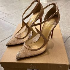 Beige Strap Heels With Crystals. Comes With Box And Dust Bag. Bought Brand New From Neiman Marcus Beige Heels With Red Sole For Party, Party Heels With Red Sole In Beige, Beige Party Heels With Red Sole, Designer Champagne Heels For Evening, Designer Champagne Heels, Heels With Crystals, Clothing Ideas, Louboutin Shoes, Christian Louboutin Shoes