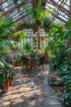 the inside of a greenhouse filled with lots of green plants and potted plant life