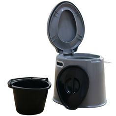 a black trash can next to a gray container