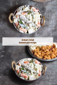 three bowls filled with different types of food on top of a table next to each other