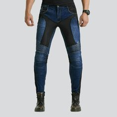 Biker jeans with breathable mesh online—excellent jeans for men from the 2022 Spring-Summer collection. Casual-style outfits are more comfortable to wear. Wearing stonewashed denim seems like a Western apparel fashion. A mid-waist where the waistband falls slightly above the widest part of your hips will make your hips appear thinner. The cotton fabric excels in breathability. They are perfect for rides on a motorcycle or scooter. Zip and button front fastening. Color: Black | Blue; Fit Type: Sl Biker Style Denim Jeans For Biker Events, Moto Style Fitted Jeans For Biker Events, Moto Style Fitted Straight Leg Jeans, Fitted Moto Style Straight Leg Jeans, Fitted Biker Jeans For Biker Events, Biker Style Denim Straight Leg Bottoms, Biker Style Straight Leg Jeans For Streetwear, Biker Denim Bottoms For Streetwear, Casual Straight Leg Jeans For Biker Events