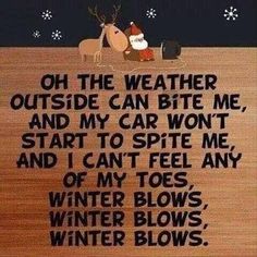 a wooden sign with santa claus and reindeers on the snow covered ground, saying oh the weather outside can bite me and my car won't start to spie me and i can't