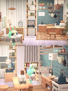 two pictures of the same room in an animated house, and one has a green rabbit head