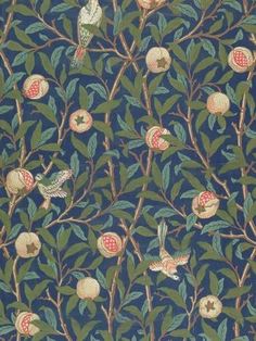 a blue wallpaper with birds and flowers on the tree branches in front of it