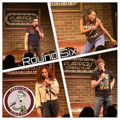 four different pictures of people on stage with microphones in front of them and the words round six