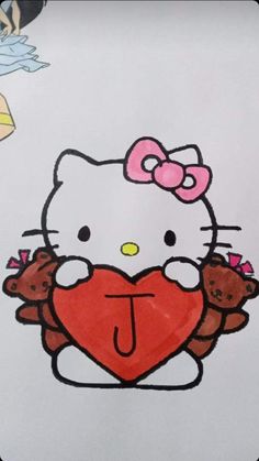 a drawing of hello kitty holding a heart