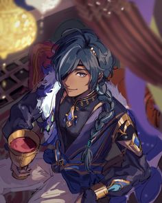 an anime character with blue hair holding a bowl