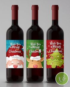 three bottles of wine with christmas labels on them