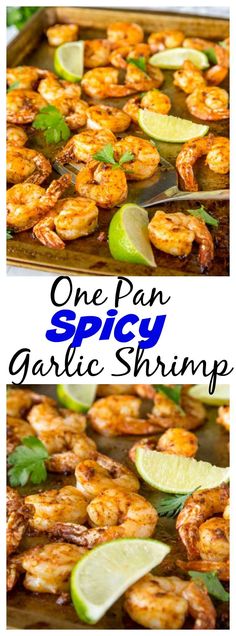 one pan spicy garlic shrimp with lime wedges