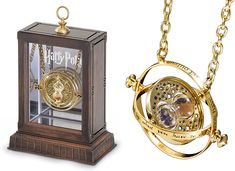 two different types of necklaces with an open box on one side and a clock on the other