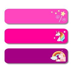 three colorful banners with unicorns and stars on the top one has a pink background