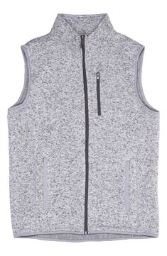 Keep your core warm in a vest knit from soft and stretchy yarn that's easy to layer. Stand collar Sleeveless 100% polyester Machine wash, tumble dry Imported Gray Sleeveless Vest For Outdoors, Gray Sleeveless Vest For Outdoor, Casual Sleeveless Knit Outerwear, Sleeveless Knit Outerwear For Layering, Sporty Sleeveless Vest For Cold Weather, Functional Layering Vest, Functional Sleeveless Vest For Cold Weather, Functional Sleeveless Vest For Layering, Cozy Sleeveless Vest For Layering