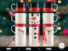 three coffee mugs with snowmen on them and one has a red scarf around its neck