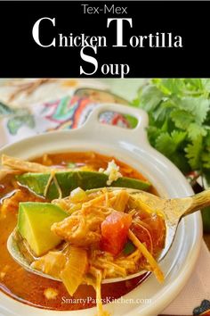 Bowl of chicken tortilla soup on a spoon. Easy Tortilla Soup, The Best Chicken Tortilla Soup, Easy Chicken Tortilla Soup Recipe, Best Chicken Tortilla Soup, Tortilla Soup Easy, Chicken Tortilla Soup Recipe, Mexican Soup Recipes, Tex Mex Chicken, Chicken Tortilla Soup Easy