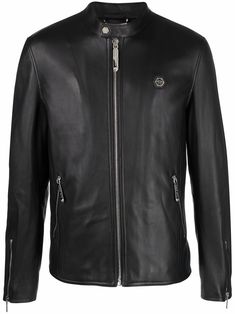 black leather logo plaque round neck front zip fastening long sleeves Philipp Plein Logo, Philip Plein, Philipp Plein, Leather Logo, Leather Jacket Men, Biker Jacket, Motorcycle Jacket, Mens Jackets, Round Neck