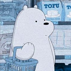 a cartoon bear holding a shopping basket in front of a store display with tofu written on it