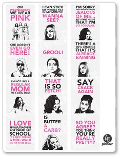 some stickers with different types of women's faces and words in pink on them