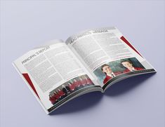 an open brochure is shown on top of a purple surface with red accents