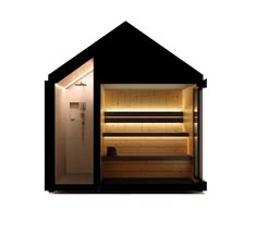 an open air sauna with wooden shelves and lights on the side, in front of a white background