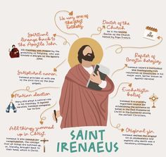 an image of the saint irenaeus with his words and symbols above it