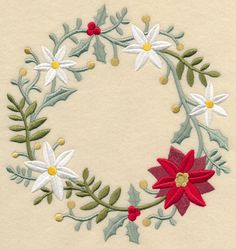 an embroidered wreath with flowers and leaves is shown in red, white and green colors