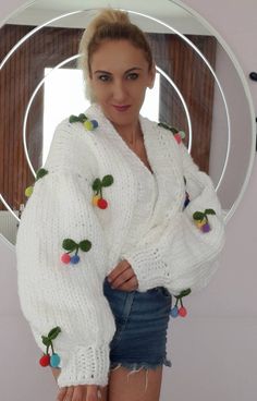 chunky knit long puff sleeve cherry cardigan is knitted with quality yarns that you can wear for years. white cherry cardigan It has been knitted with non-fading yarns for many years, Cherry white Sweater for women was originally hand knitted by me. You can give it to your lover, your spouse on your wedding anniversary, or your mother on mother's day as a gift that will make them feel special. I own all intellectual property and design rights of cherry cardigan. SİZE : OVERSİZE ( XS/S/M/L) HAND Cherry Cardigan, Cardigan Handmade, Thick Cardigan, The Cardigans, Cardigan For Women, Princess Sleeves, Soft Cardigan, Chunky Knit Cardigan, Intellectual Property