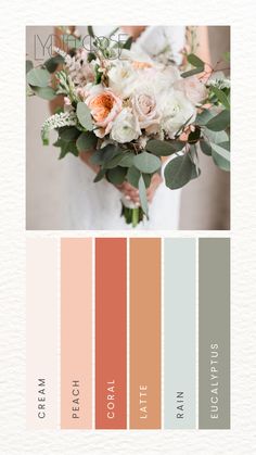 This mood board features a serene peach and eucalyptus color palette, combining soft, warm tones of peach and coral with cool, refreshing hues of light sage, soft green, and creamy neutrals. The overall design exudes natural elegance, perfect for small business branding or weddings. The balance of earthy greens and warm peach shades creates a harmonious, calming aesthetic, ideal for modern, sophisticated themes with a touch of organic beauty and romance. Sage Green And Pale Orange Wedding, Shades Of Peach Wedding, Coral And Cream Wedding, Sage And Salmon Wedding, Sage Green And Peach Bridesmaid Dresses, Wedding Beach Color Schemes, Elegant Wedding Colour Schemes, Light Green Pallet Color, Classic Wedding Theme Color Palettes