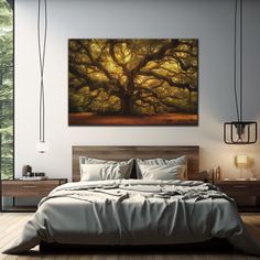 a large painting on the wall above a bed in a room with wooden floors and walls