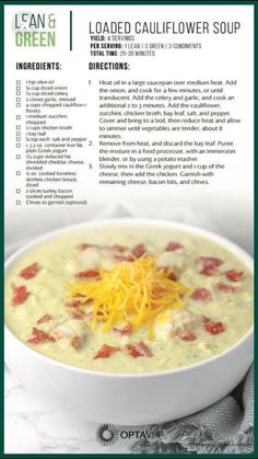 the recipe for loaded cauliflower soup is shown in this brochure format