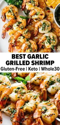 grilled shrimp on a white plate with lemon wedges and parsley garnish