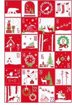 a red and white calendar with christmas decorations