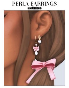 the earrings are pink and white with hearts on them, as well as a bow