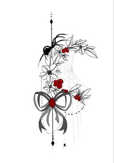 a black and white photo with red flowers in the center, on a white background