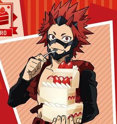 an anime character is holding a cake with the word hero written on it and brushing his teeth