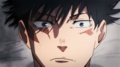 an anime character with black hair and blue eyes looks at the camera while staring into the distance