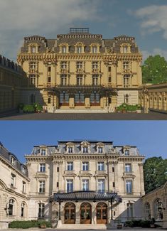 two different views of an old building and the same one in real life, both with windows